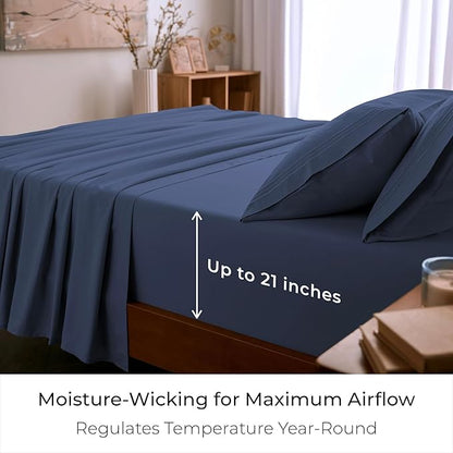Mellanni Queen Sheet Set - 6-Piece Iconic Collection Bedding, (Including 4 Pillowcases), 21-Inch Extra Deep Pocket, Easy Care, Ultra Soft, Cooling Sheets, Brushed Microfiber - Blue Nova