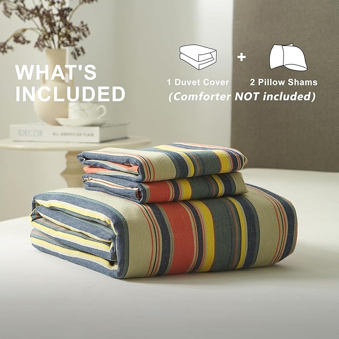 VM VOUGEMARKET Red Green Striped Duvet Cover Full Size Stylish Farmhouse Style Washed Cotton Multi-Color Stripes Bedding Set 1 Duvet Cover with 2 Pillowcases