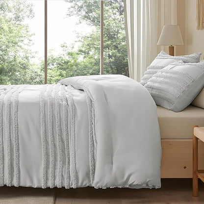 BEDELITE Boho Comforter Set Queen Size, Light Grey Tufted Striped Bed Set 3 Pieces, Soft Vintage Farmhouse Comforter for All Seasons, Boho Home Decor,Fluffy Jacquard Bedding with 2 Pillow Shams