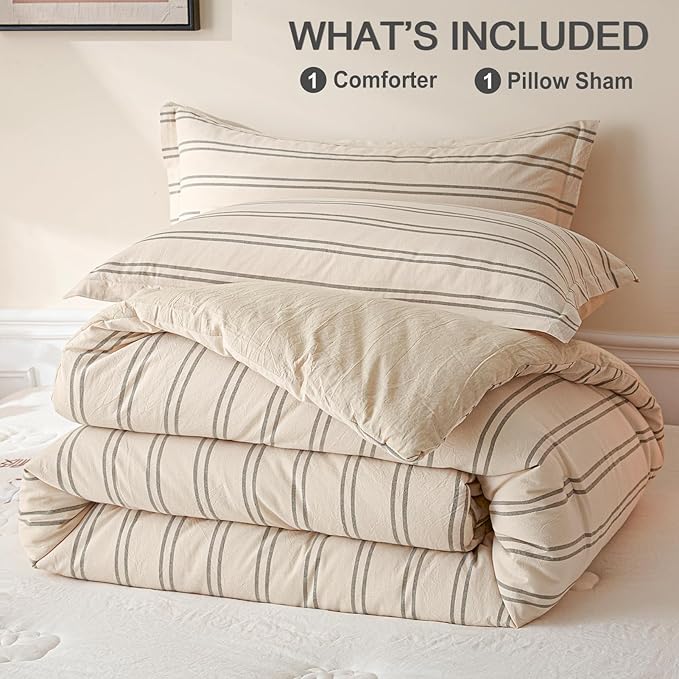 Cyusri Cotton Stripe Twin Comforter Set - Soft Lightweight Bedding 2 Pieces Dyed Bed Set with 1 Pillow Shams,Reversible All Season Farmhouse Down Alternative(Twin Size 68"x90" Beige)