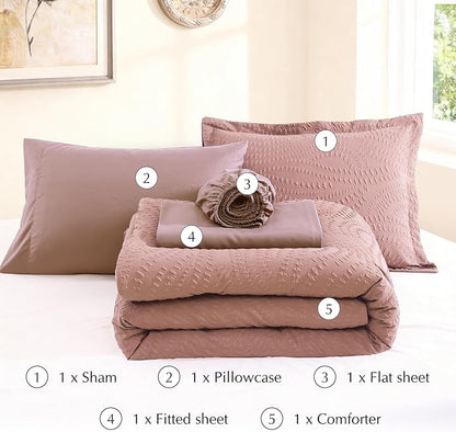 Geniospin Twin Comforter Set - 5 Pieces Dusty Pink Bedding Set, Botanical Textured Comforter Bed Set, All Season Lightweight Bed in a Bag with Comforter, Sheets, Pillowcases & Shams