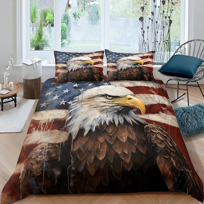 American Eagle Comforter Set King,USA Flag Bedding Set Camouflage Wildlife Animal Bird Decor Comforter 3Piece Soft Lightweight Summer Quilt Set with 2 Pillowcases,Brown