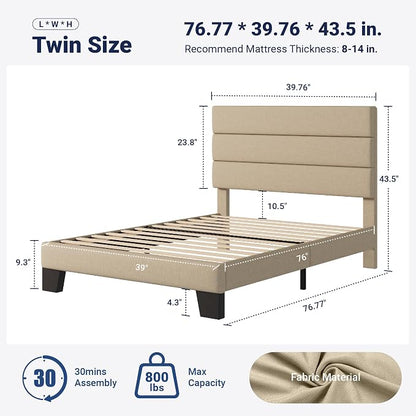 Allewie Twin Size Platform Bed Frame with Fabric Upholstered Headboard | Wooden Slats Support, Fully Upholstered Mattress Foundation, No Box Spring Needed, Easy Assembly, Noise-Free, Beige