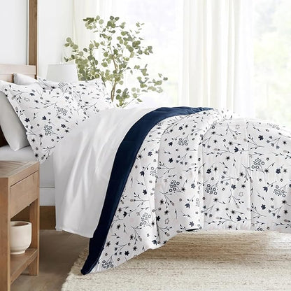LINENS & HUTCH Comforter Set Patterned Microfiber All Season Down-Alternative Ultra Soft Bedding in Forget Me Not - King/Cal-King Forget Me Not Navy