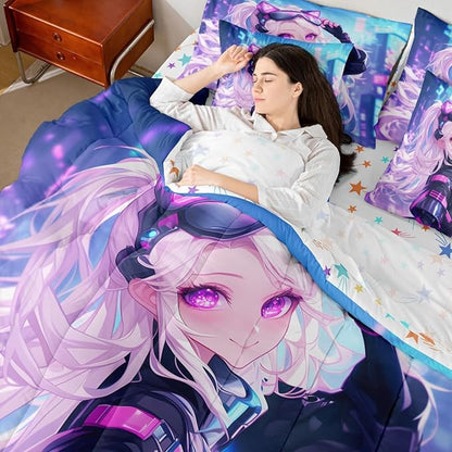 7 Piece Girls Japanese Anime Bedding Set King, Kawaii Anime Girl Comforter Sets Cartoon Girl Bed In A Bag For Kids Teens Adult Women, Japanese Animation Sci Fi Style Sheet Sets With Comforter