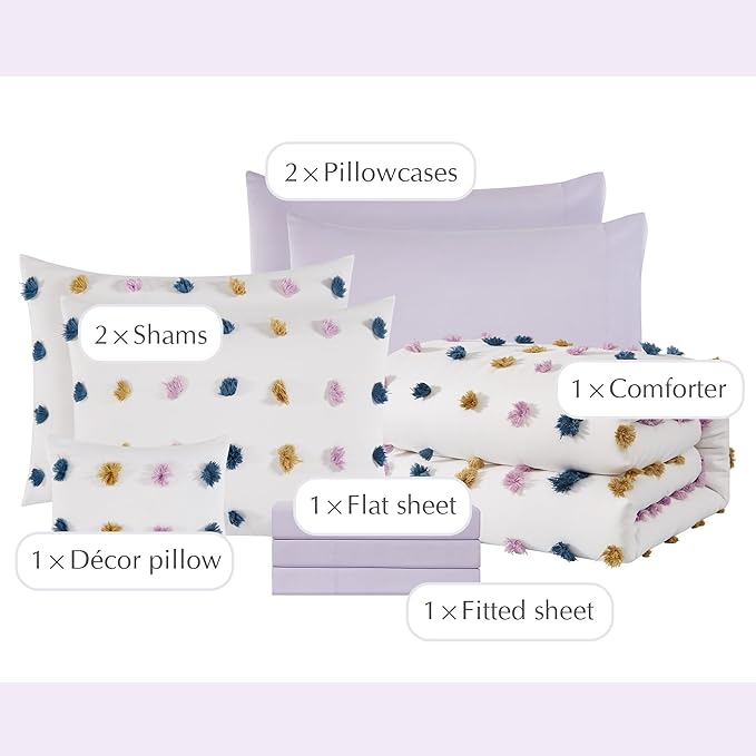 Geniospin Colored Pom Queen Comforter Set, 8 Pieces Ball Pom Comforter Sets, Bed in a Bag Queen, All Season Down Alternative Bedding Set, Lightweight, Warm and Breathable