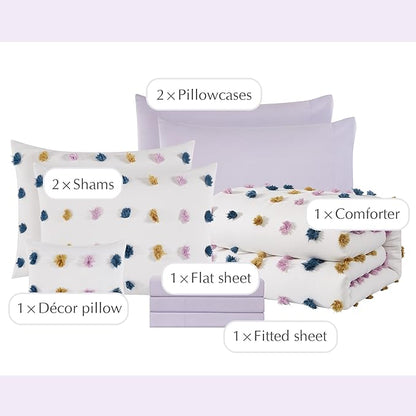 Geniospin Full Comforter Set, 7 Pieces Ball Pom Comforter Sets, Colored Pom Bed in a Bag Full, All Season Down Alternative Bedding Set, Lightweight, Warm and Breathable