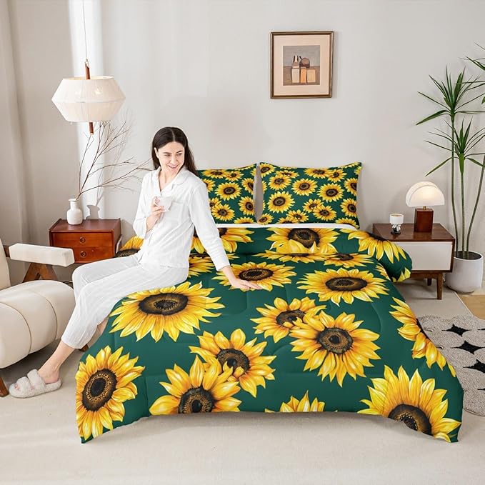 Erosebridal Sunflower Comforter Set Full Size 3D Floral Bedding Set for Kids Girls Women Adult Yellow Floral Down Comforter Botanical Flower Print Green Quilt Set Blossom Garden Duvet Set