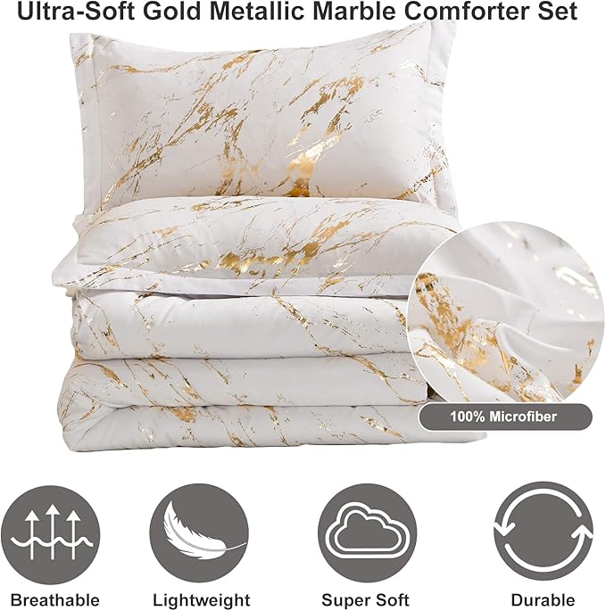 White Gold Metallic Marble Comforter Set King Foil Print Glitter Bedding Sets with 2 Pillowcases for All Seasons, Soft Microfiber Filling Bedding Duvet Set 103"x90"