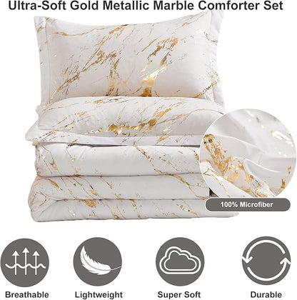White Gold Metallic Marble Comforter Set King Foil Print Glitter Bedding Sets with 2 Pillowcases for All Seasons, Soft Microfiber Filling Bedding Duvet Set 103"x90"