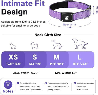 GPS Dog Collar Tracker 2-in-1,Reflective Waterproof Pet Collar,iOS-Only,No Monthly Fees,Unlimited Range,Dog Tracking Collar Pet Tracker,for Small Medium Large Dogs(L (16.5"-23.5"), Purple)