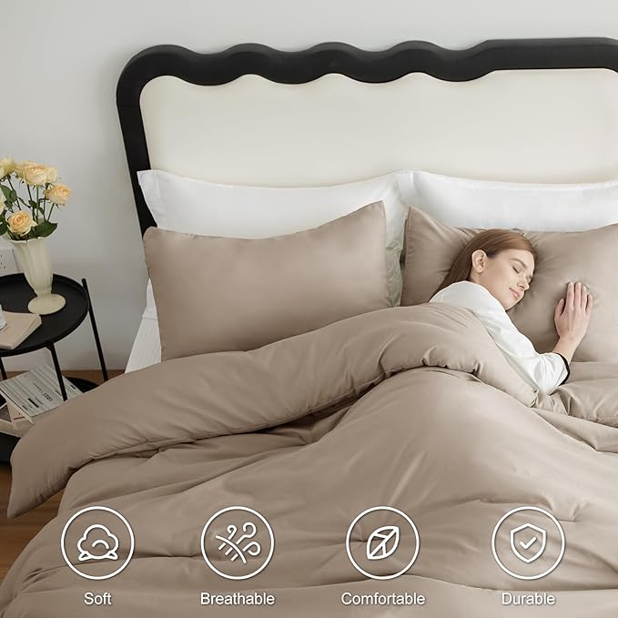 CozyLux Queen Comforter Set Khaki, 3 Pieces Solid Comforters Queen Size Breathable Quilted Bedding Sets, Luxury Soft Lightweight Bed Set with Down Alternative Comforter and 2 Pillowcases All Seasons