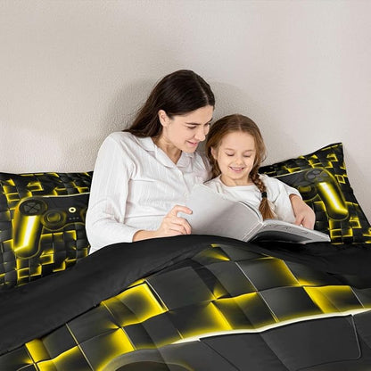 Erosebridal Geometric Gamepad Bed Comforter Set Gaming Bedding Sets Gamer Comforter Sets King Size for Kids Boys Teen,Black Gold Neon Lights Game Console Quilt Duvet 1 Comforter with 2 Pillow Cases