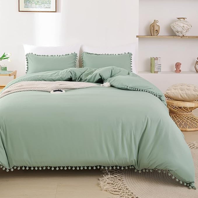 YIRDDEO Twin Comforter Set - Comforter Twin Size Bed with Ball Pom Fringe, Soft Bedding Set for All Seasons - 2 Pieces, 1 Comforter (66"x90") & 1 Pillow Sham(20"x26"), Sage Green