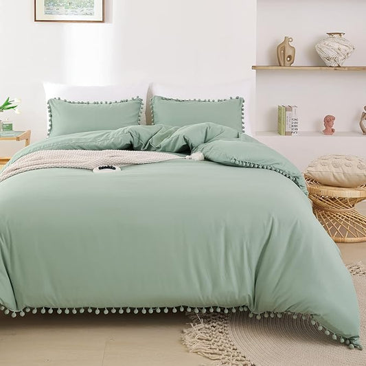 YIRDDEO Twin Comforter Set - Comforter Twin Size Bed with Ball Pom Fringe, Soft Bedding Set for All Seasons - 2 Pieces, 1 Comforter (66"x90") & 1 Pillow Sham(20"x26"), Sage Green