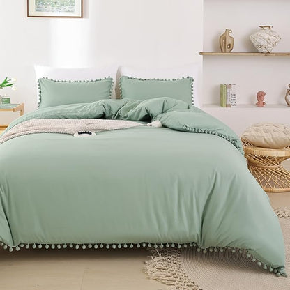 YIRDDEO Full Size Comforter Sets - Full Size Comforter with Ball Pom Fringe, Soft Bedding Set for All Seasons - 3 Pieces, 1 Comforter (79"x90") & 2 Pillow Shams(20"x26"), Sage Green