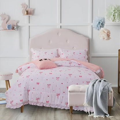 A Nice Night Polka Dot Bow Comforter Set,6 Piece Bed in a Bag Chic Bowknot Bedding Sets,Princess Ruffle Style,White Room Decor for Girls,Twin