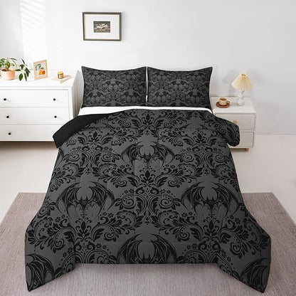 Feelyou Adults Gothic Comforter Set Full Size Dark Olive Green Damask Comforter Bat Bohemia Boho Bedding Set Goth Duvet Set Vintage Victorian Baroque Floral Quilt Set 3Pcs