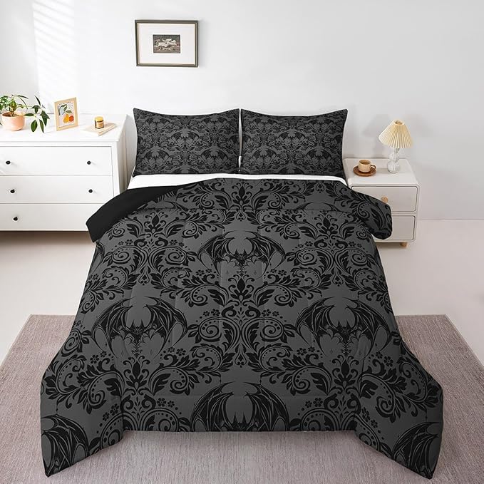 Feelyou Adults Gothic Comforter Set Twin Size Dark Olive Green Damask Comforter Bat Bohemia Boho Bedding Set Goth Duvet Set Vintage Victorian Baroque Floral Quilt Set 2Pcs