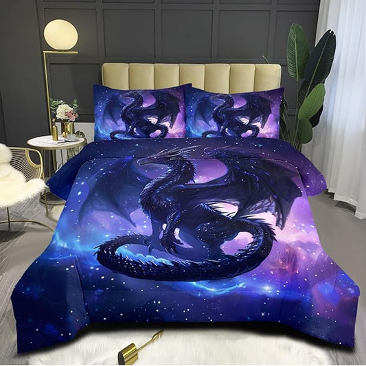 Black Dragons Bedding Set Outer Space Starry Sky Comforter Set Full Size Western Castle Fairy Dragons Comforter 3D Animals Dragon Bed Set for Kids Boys Teens Women Decor Black Purple