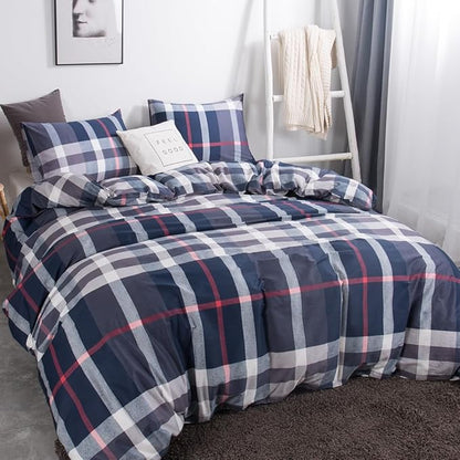 CLOTHKNOW Blue Plaid Queen Comforter Set Tartan Buffalo Bedding Comforter Sets Soft Grid Comforter with 2 x Pillow Cases
