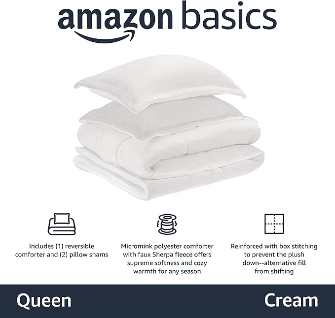 Amazon Basics 3-Piece Micromink Sherpa Bedding Set, Ultra-Soft, Warm All Season Comforter, Full/Queen, Cream