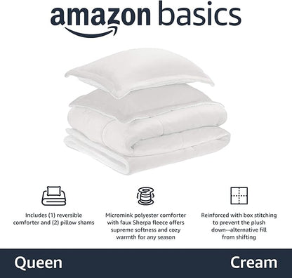 Amazon Basics 3-Piece Micromink Sherpa Bedding Set, Ultra-Soft, Warm All Season Comforter, Full/Queen, Cream