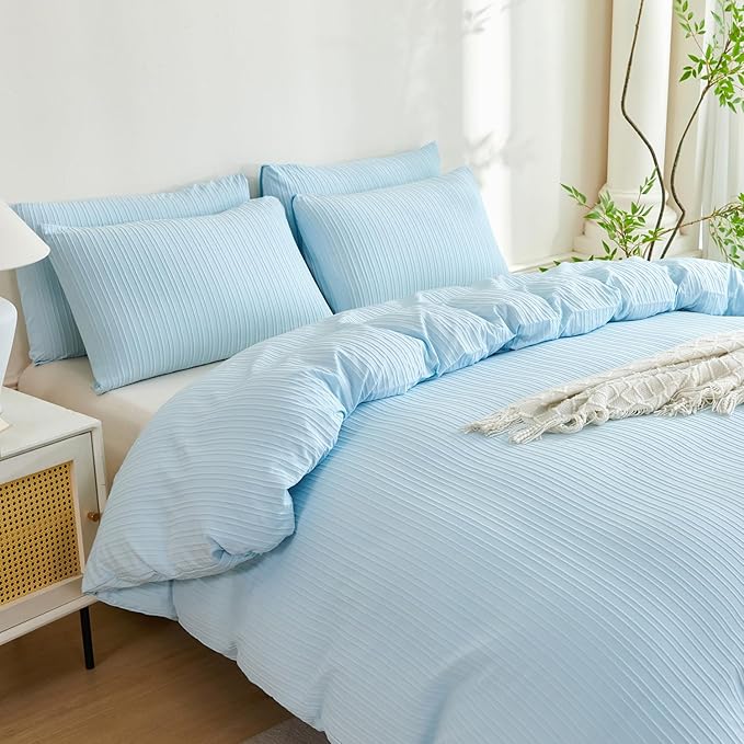 Comforter King Set Light Blue Striped Soft Luxury Washed Microfiber Jacquard 3 Pieces Bedding, Blue Vertical Ticking Stripes Pattern Comforter with 2 Pillowcases Breathable Durable Comfy