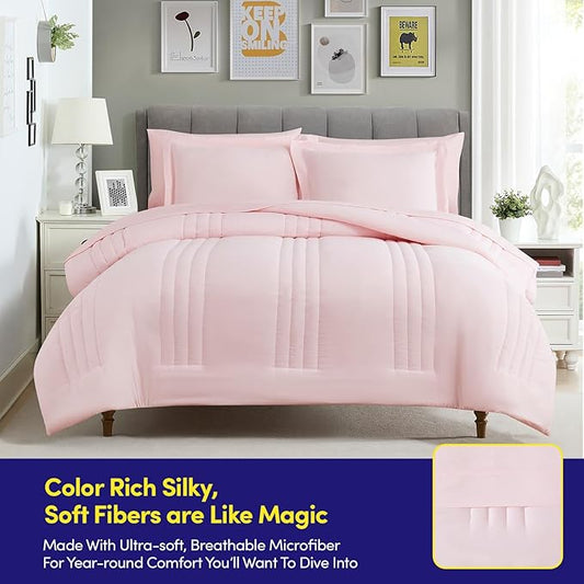 Queen Comforter Set Quilted Stripe Bedding Bundle – Comforter, Mattress Protector, Sheets with Pockets on the Side & Built-in Corner Strap – Fitted Sheet Media Pocket for Devices, Pale Pink