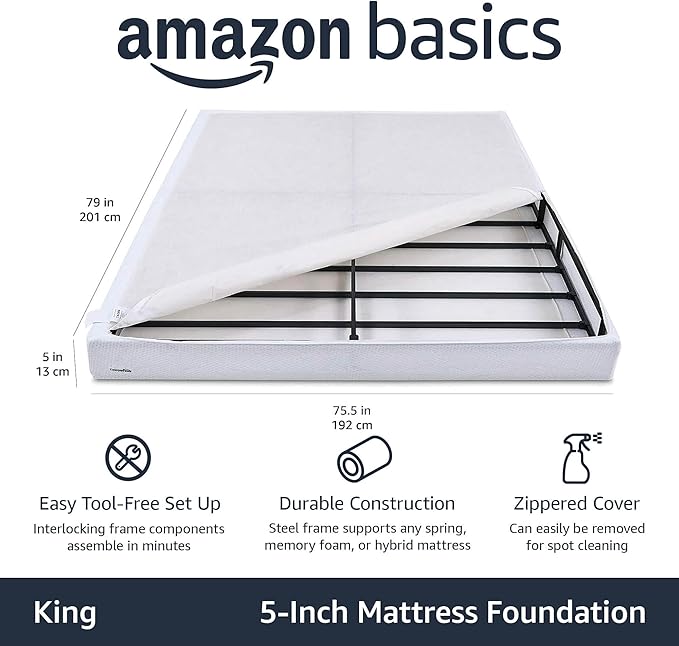 Amazon Basics Smart Box Spring Bed Base, 5-Inch Height Mattress Foundation, Tool-Free Easy Assembly, King, 79" x 75.5" x 5", White