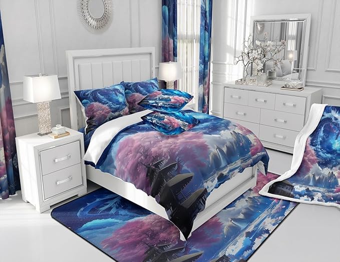Dragon Comforter Set,Pink Cherry Blossom Printed Bedding Set Queen Size 3Pcs,Kids Boys Girls Room Decor Starry Sky Mountains Quilt Set Western Magical Style Animals Theme Duvet Insert,2 Pillowcases