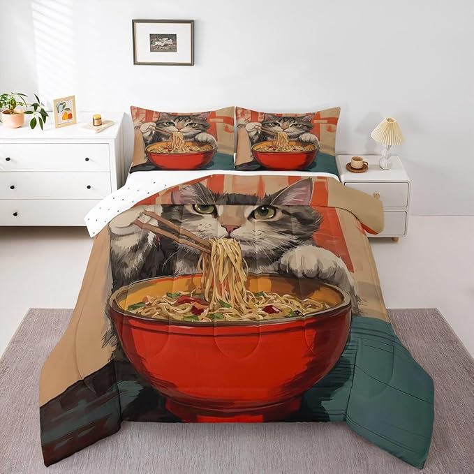 Erosebridal Cat Quilt Insert King Size Noodles Bedding Set for Kids Boys Girls Bowl Food Kawaii Cute Kitten Red Grey Comforter Warm Soft Comforter Set