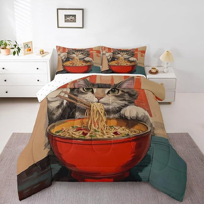 Erosebridal Cat Quilt Insert Twin Size Noodles Bedding Set for Kids Boys Girls Bowl Food Kawaii Cute Kitten Red Grey Comforter Warm Soft Comforter Set