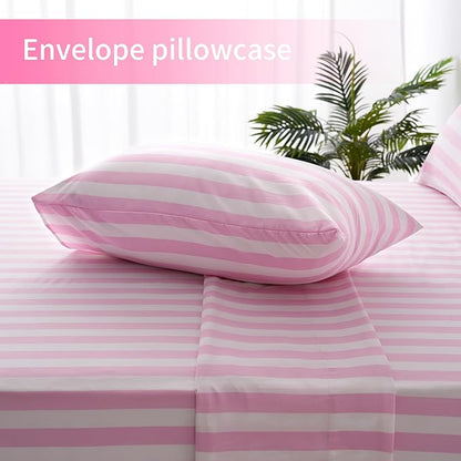 Best Season Bed Sheet Set 4 Piece -Full Size-Soft Durable Microfiber Bedding Sheet Set,Deep Pocket,Stain,Fade & Wrinkle Resistant Green and White Pinstripe (Stripe Pink&White)