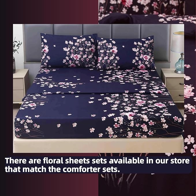 SDIII Navy Blue Floral Comforter Set Full 3 Pieces, Soft Microfiber Lightweight Floral Bedding Full, Flower Full Size Comforter Set for All Season