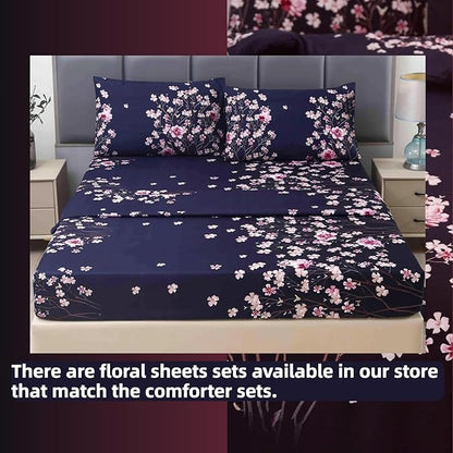 SDIII Navy Blue Floral Comforter Set Full 3 Pieces, Soft Microfiber Lightweight Floral Bedding Full, Flower Full Size Comforter Set for All Season