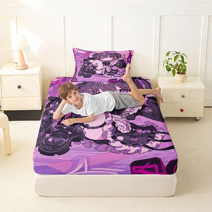 Erosebridal Kawaii Anime Girl Fitted Sheet Twin 3D Japanese Style Bed Sheets for Boys Girls Uniform Girls Bed Set Girly Anime Gift Sheets with 1 Pillowcase