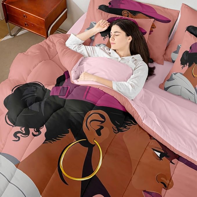 Black Girls Girls 7 Piece Bedding Set King Size Fashion Black Woman Comforter Sets Vogue Fashionable Gorgeous Sheet Set For Kids Children Women Bedroom Decor African Princess Magical Bed In A Bag