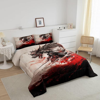 Japanese Samurai Comforter Set King Size,Dragon Sword Traditional Pattern Bedding Set for Kids Boys Girls Room Decor,Luxury Soft Quilt Set,Black Red White Ink Style Duvet Insert 3Pcs,2 Pillowcases