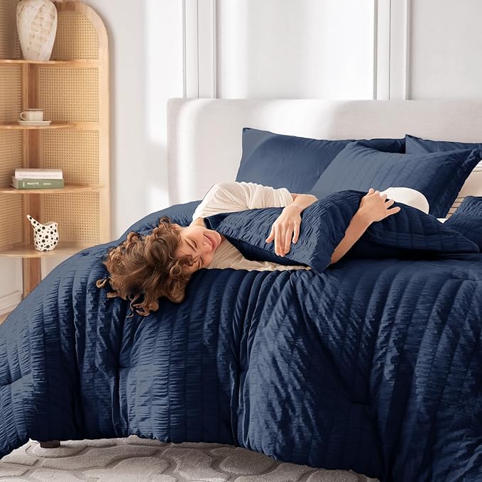 MUXHOMO 7 Pieces Queen Comforter Set, Seersucker Bed in a Bag Queen Size, All Season Luxury Bedding Set with Comforter, Flat Sheet, Fitted Sheet, Pillowcases & Shams, Navy Blue