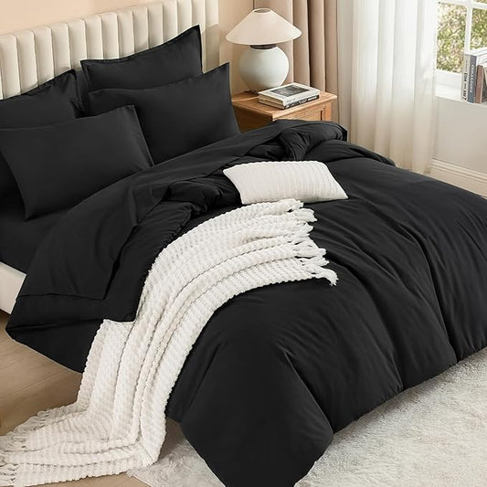 Litanika Oversized King Comforter Sets Black - 7 Pieces Bed in a Bag Oversized King Bedding Comforter Sets, Solid Lightweight Bed Set with Comforter, Sheets, Pillowcases & Shams
