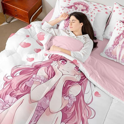 Erosebridal Pink Kawaii Bedding Set for Kids,Cute Anime Girl Bed in A Bag Japanese Style Girl Twin Comforter Set 7 Piece Girly Sheet Set with Comforter Bedroom Decor