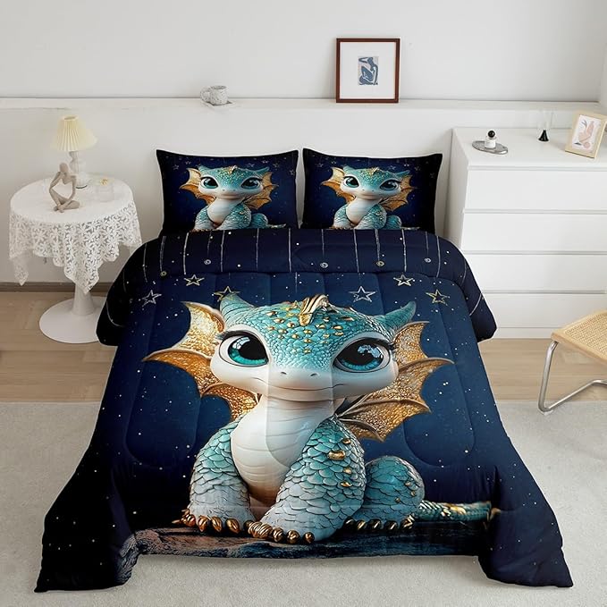 Feelyou Dragon Comforter Set Full Size Dragon Stuff Comforter for Boys Girls Teens Wild Life Bedding Set Dragon Decor Duvet Set Room Decor Navy Blue Quilt Set