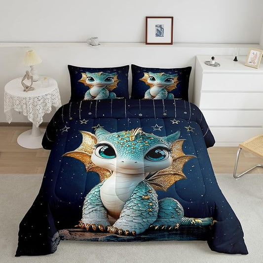Feelyou Dragon Comforter Set Queen Size Dragon Stuff Comforter for Boys Girls Teens Wild Life Bedding Set Dragon Decor Duvet Set Room Decor Navy Blue Quilt Set