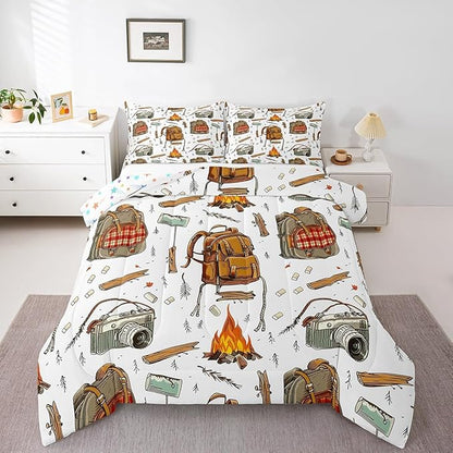 Feelyou Camping Comforter Set Toddler Size Camper Comforter Accessories for Travel Trailers Bedding Set Camping Backpack Print Duvet Set Room Decor Jade White Quilt Set