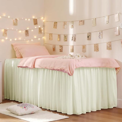 RIMELA Dorm Bed Skirt Twin XL 32 Inch Drop, Easy to Install Extra Long Wrap Around Elastic Dust Ruffle, Cream Bedskirt Solid Silky Fabric Machine Washable (Twin XL 80“L x 39”W & Twin 75“L x 39”W)