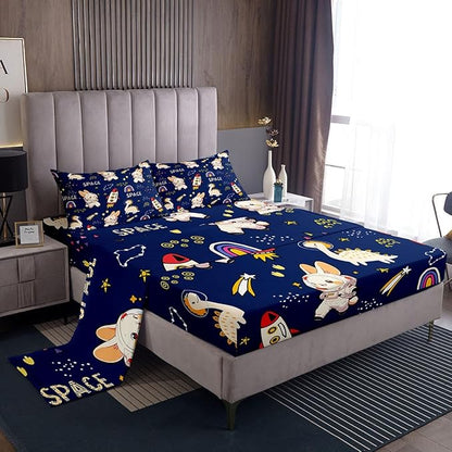 Cute Rabbits Bed Sheets Set Kids Boys Dinosaurs Fitted Sheet Cartoon Rocket Bedding Set for Bedroom Decor Starry Galaxy Navy Sheets (Full Flat Sheet & Fitted Sheet with 2 Pillow Case)