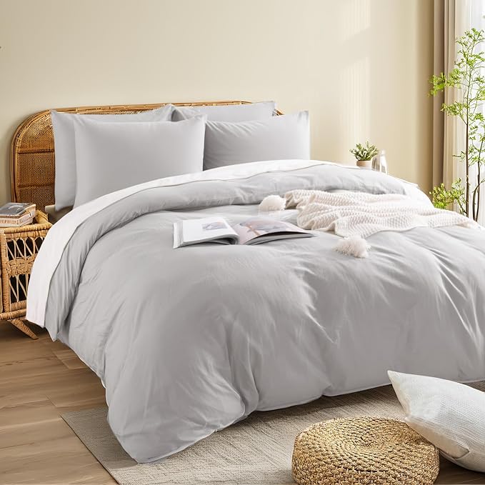 NEXHOME PRO Duvet Cover Set King Size Linen Feel Textured Organic Natural 100% Washed Cotton Duvet Cover 3 Pieces Bedding Set with Zipper Closure, Breathable, Soft, Light Grey (No Comforter)