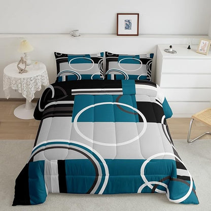 Erosebridal Modern Turquoise Decor Comforter Set Gray Black Blue Stripe Geometric Down Comforter Full Size Retro Circle Swirls Bedding Set Modern Abstract Texture Color Art Duvet Set