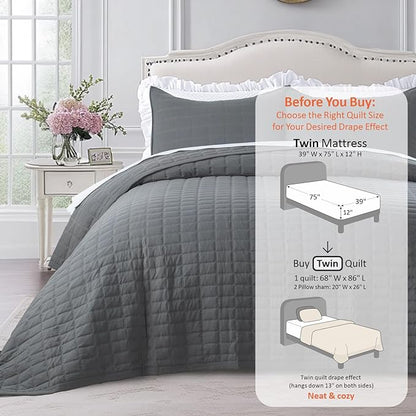 KASENTEX Twin Quilt Set 68"x86", Lightweight 3-Layer Bedspread, Soft Washed Polyester Microfiber, All-Season Quilt (1 Quilt + 2 Pillow Shams), Dark Grey